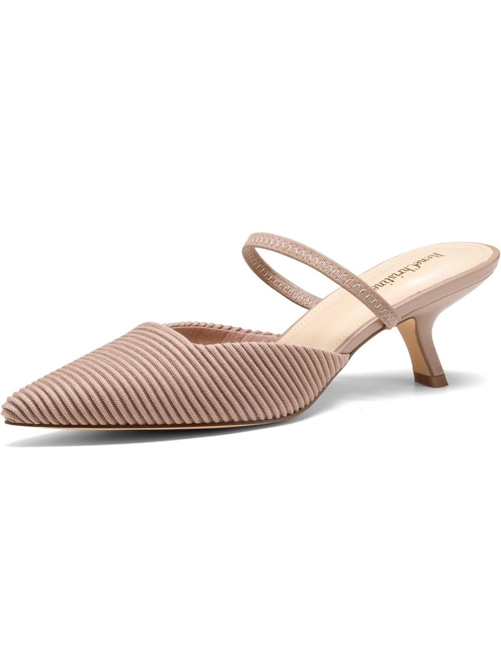 Pointed Toe Low Heel Mule in knitted taupe, size 9